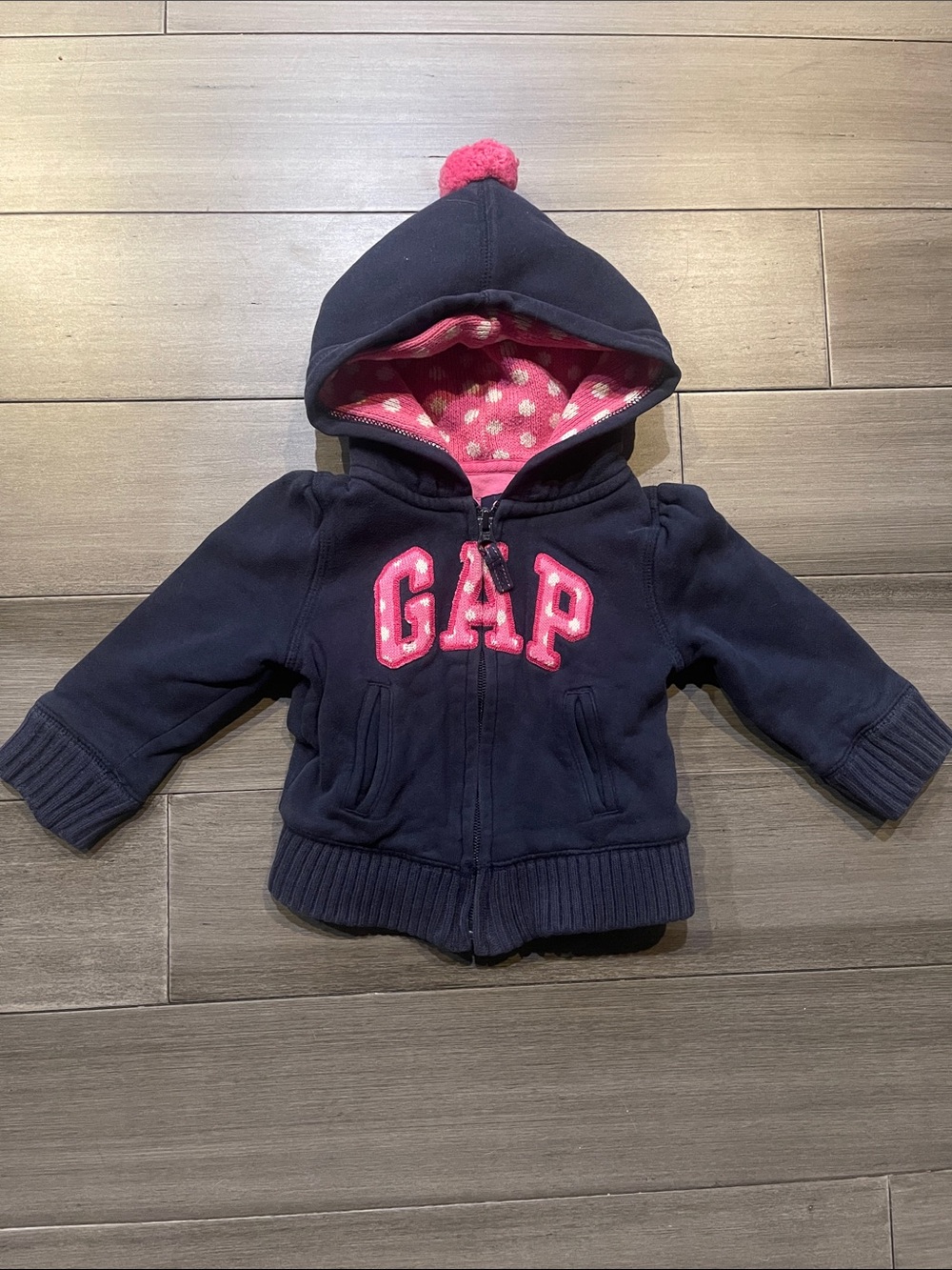 Baby GAP Navy Hooded Zip Sweatshirt with Pink Polka-Dot Lining